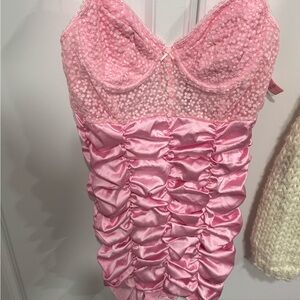 For Love And Lemons Pink Satin Chemise with Lace Details